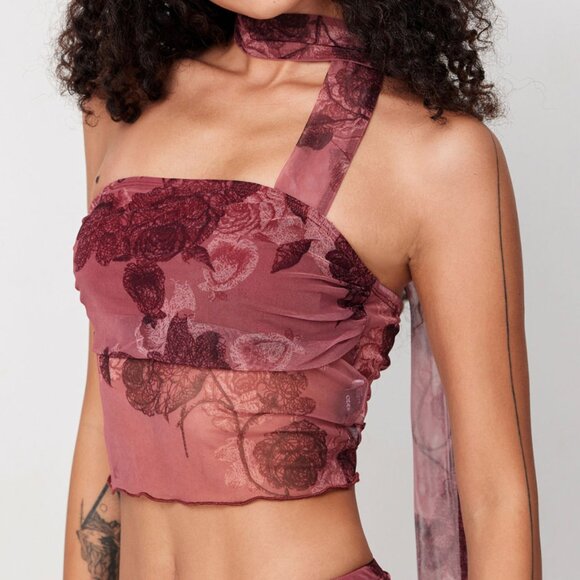 Cider Tops - Sold out Sexy Cider Floral Halter Sheer Crop Top in Carmine - XS (US 2)